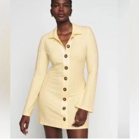 NWT Reformation Benton Shirt Dress Rib Knit in Buttercream Yellow Size Medium - Picture 2 of 6